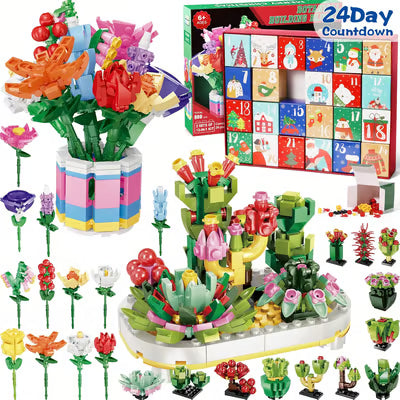 🎁24 Days STEM Flower Bouquet Building Blocks Christmas Countdown Calendar Gifts Box